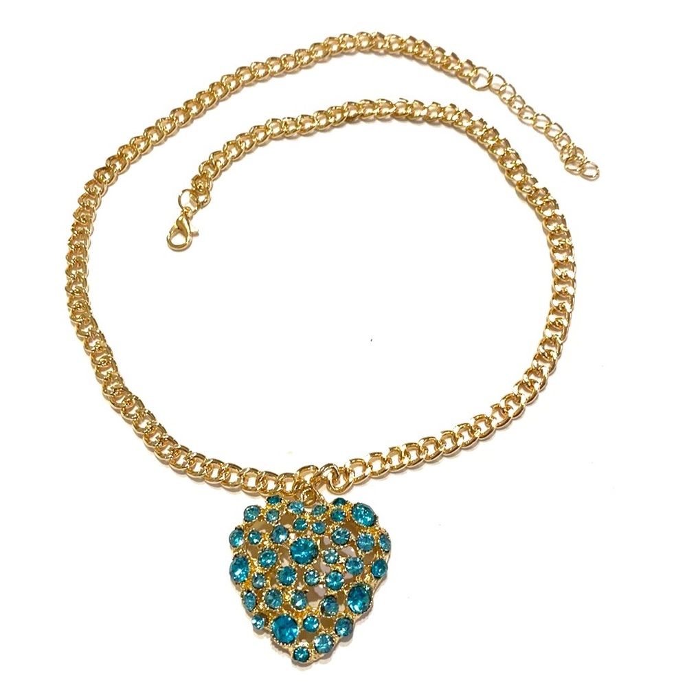 Blue Heart Dome Necklace Gold Tone Rhinestones